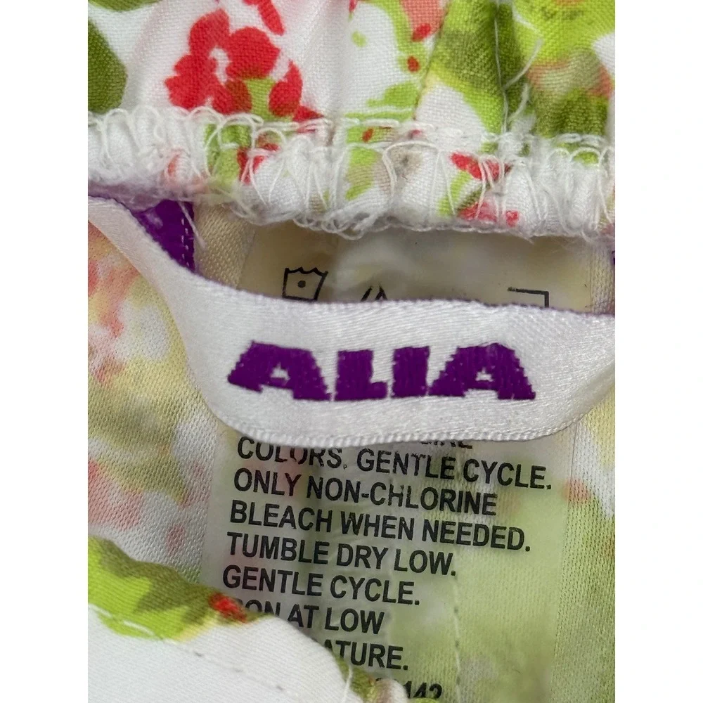 Alia Womens Floral Cropped Pants Red Green Yellow Elastic Waist Sz 8 Wide Leg